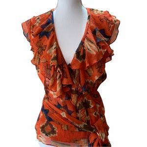 RALPH LAUREN RUFFLED WRAP SILK BLOUSE BURNT ORANGE